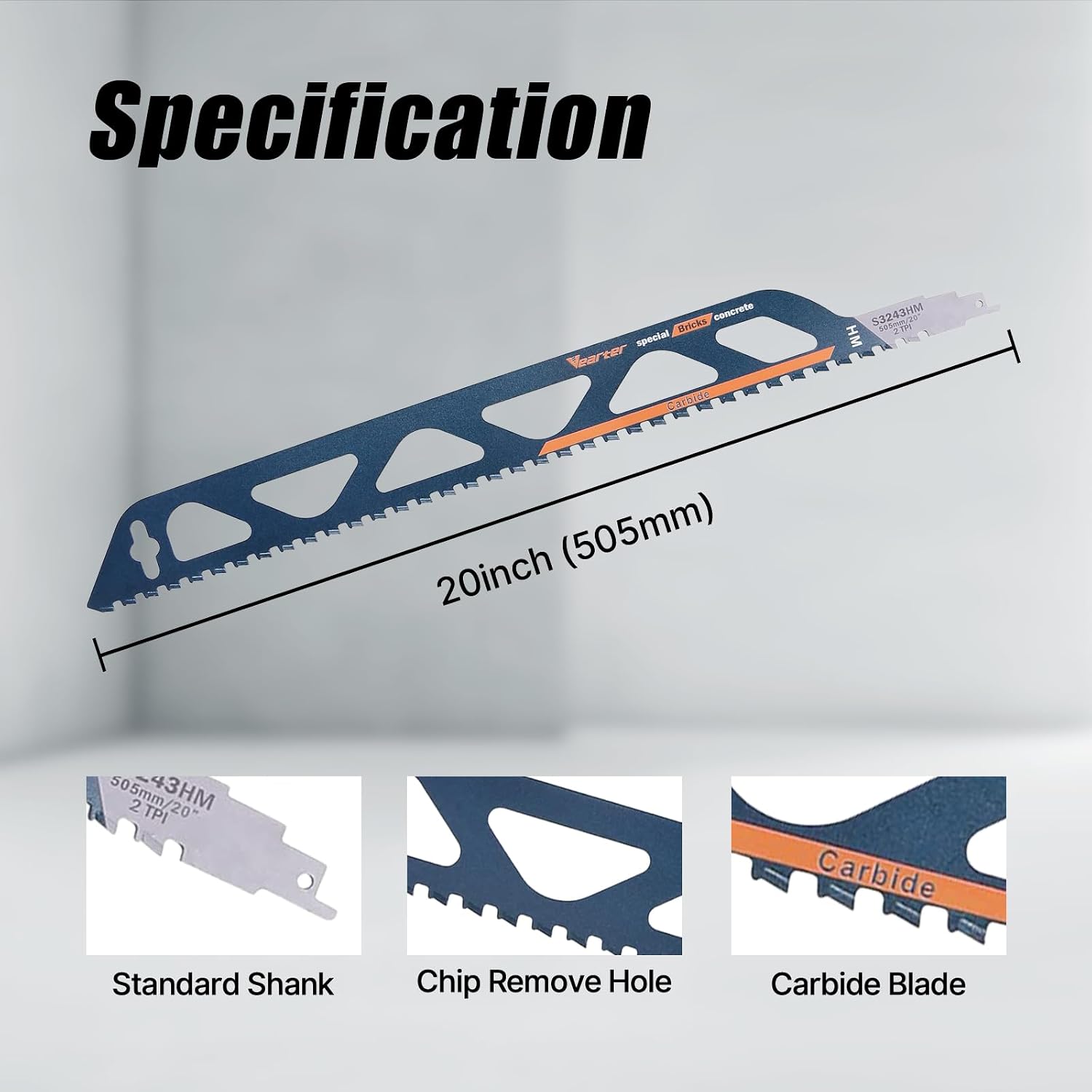20Inch(505mm) Carbide Reciprocating Saw Blade 2PCS, Masonry Saw Blades for Cutting Porous Concrete, Foam Brick, Fiber Cement