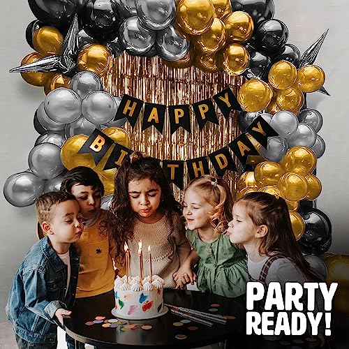 Image of Just Party Set of 60 Pcs - 15 Black 15 Silver & 15 Gold Metallic Balloons, Black Happy Birthday Banner, 2 Golden Curtains Theme Backdrop