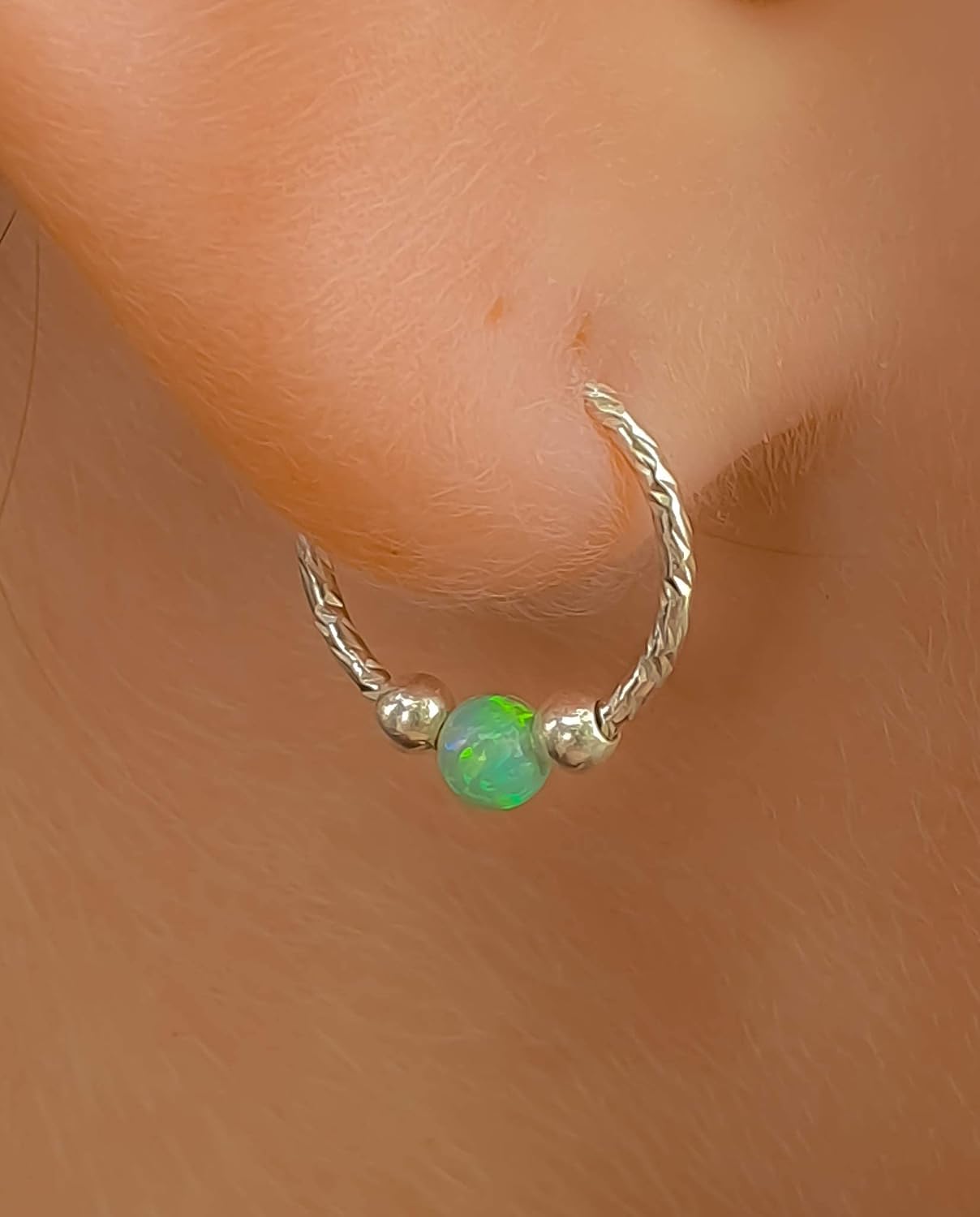 Silver Hoop Earrings - Dainty Hoop Earrings with Green 3mm Opal - Small 20 Gauge Cartilage Earring - A Pair Of 2 Huggie Hoop Earrings - Image 2