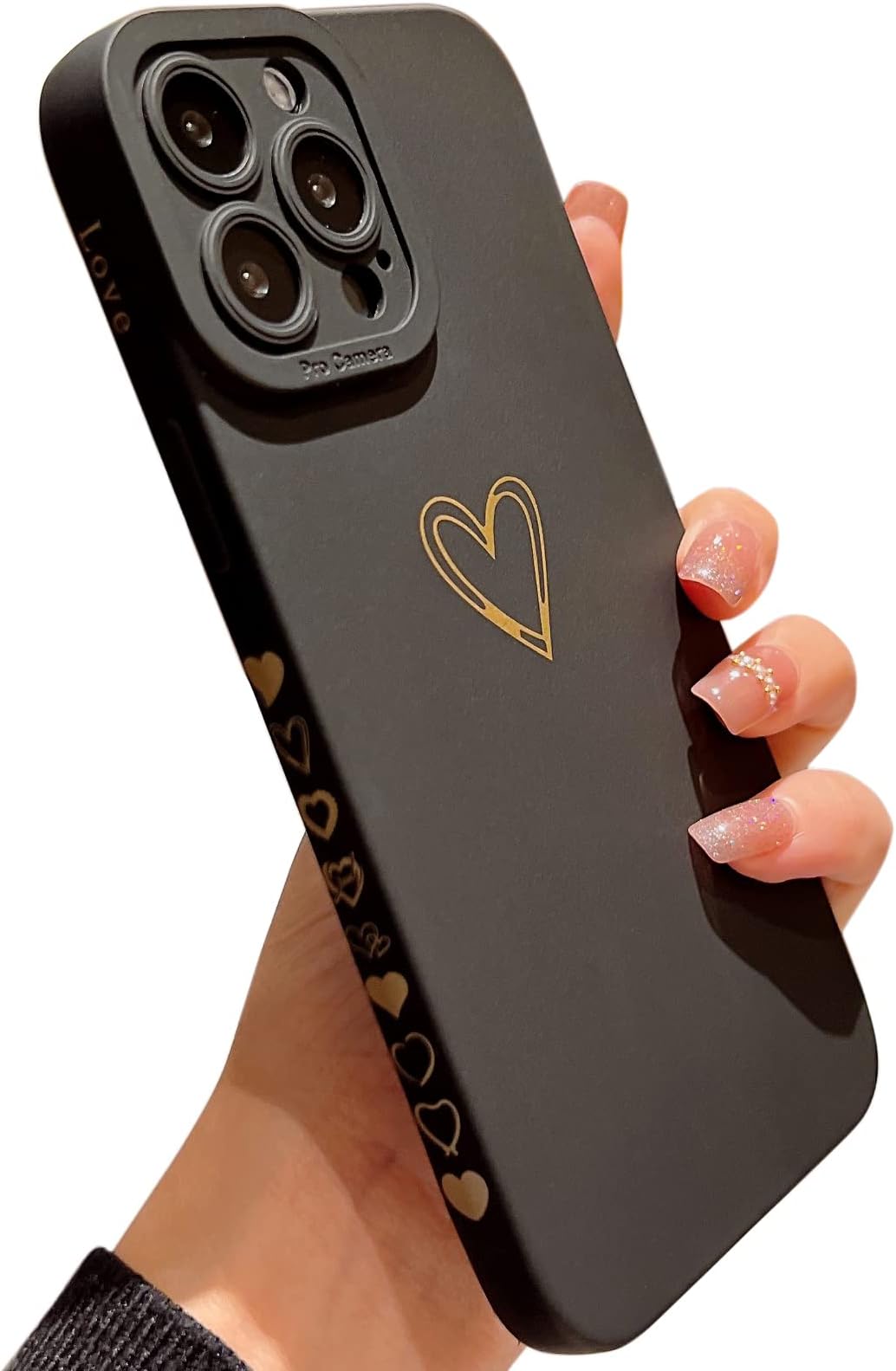 Qokey for iPhone 11 Pro Case 5.8" 2019(Not fits 11/11 Pro Max), Side Back Cute Plated Love Heart with Anti-Fall Lens Cameras Cover Protection Soft TPU Shockproof Anti-Fingerprint Phone Case,Black