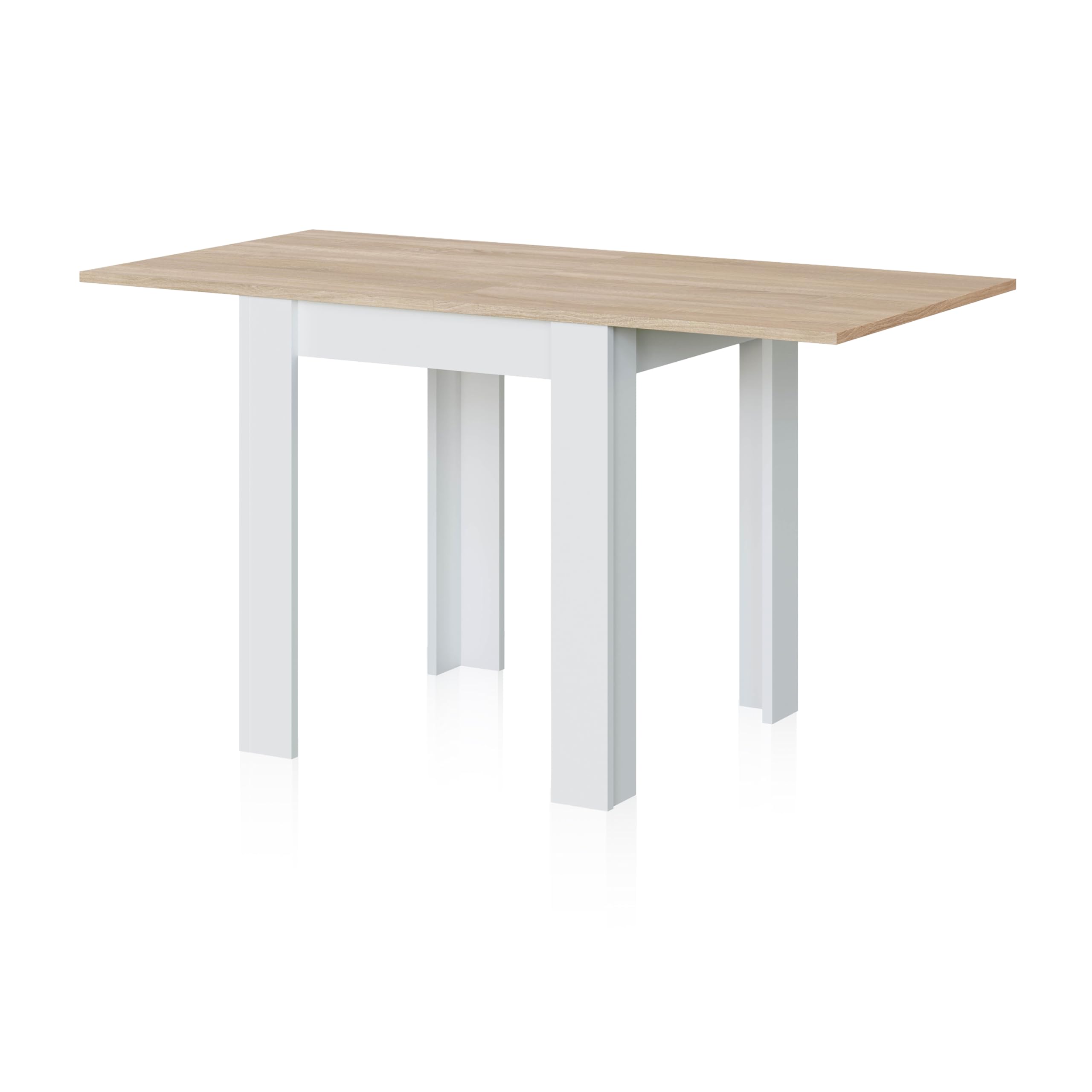 duehome | Mesa Auxiliar Extensible, Mesa Cocina, Acabado en Color Blanco Artik y Roble Canadian, Modelo Giro, Medidas: 67-134 cm (Ancho) x 67 cm (Fondo) x 79 cm (Alto)