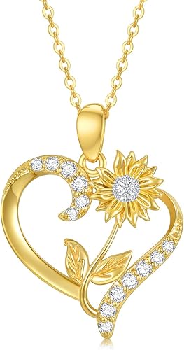 Miniatura 8 de Collar de flor de nacimiento de oro real de 14 quilates para mujer, oro amarillo creado moissanita con colgante de corazón, collares de
