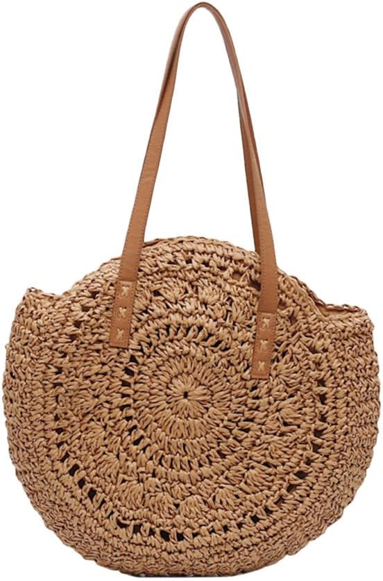 TENDYCOCO Round Straw Beach Bag Handmade Woven Circle Rattan Tote Lightweight Shoulder Bag Summer Vacation Travel Purse Bohemian Casual Handbag