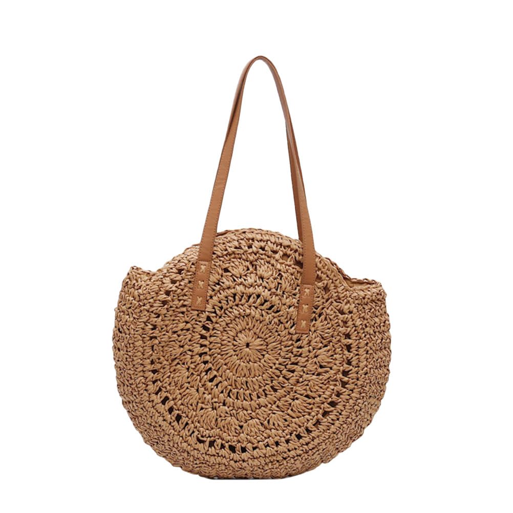TENDYCOCO Round Straw Beach Bag - Handmade Woven Circle Rattan Shoulder Tote with Leather Straps, Lightweight Summer Vacation Handbag for Women,