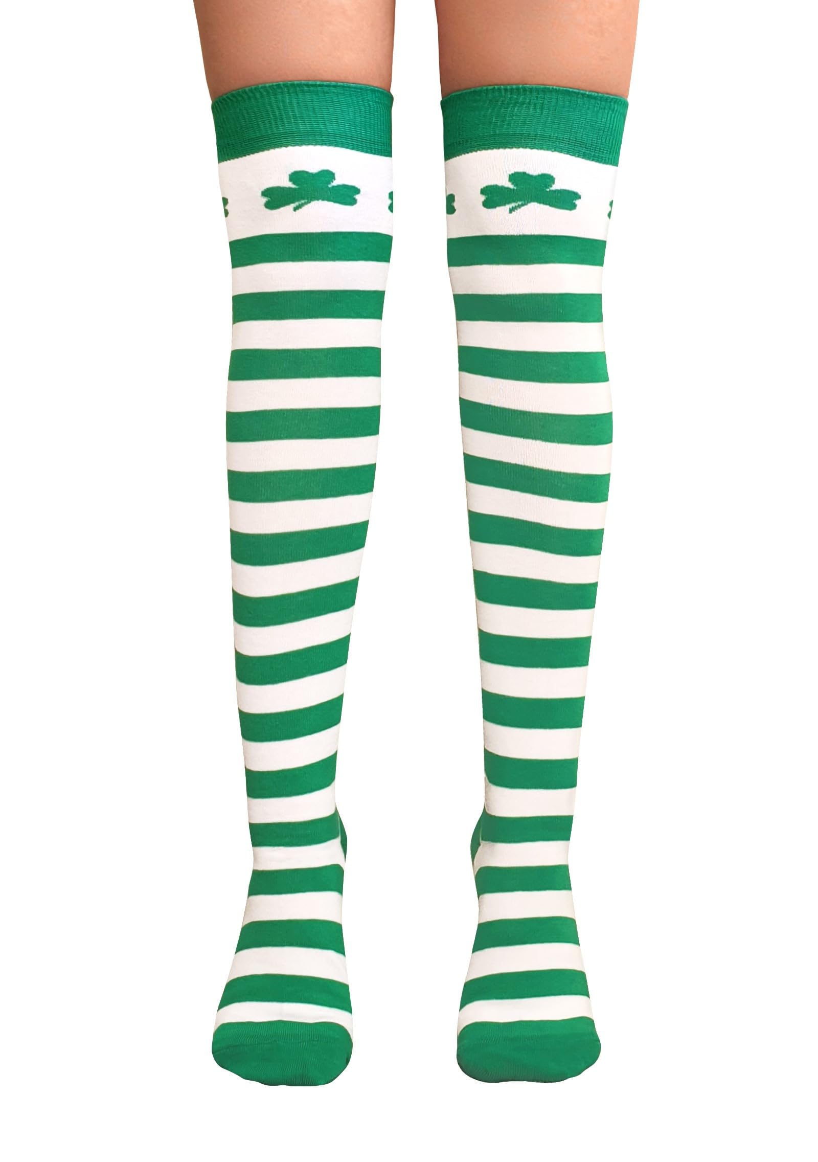Nujake Girls Striped Irish Green & White Themed Shamrock Socks Over The Knee St. Patricks Day Cosplay
