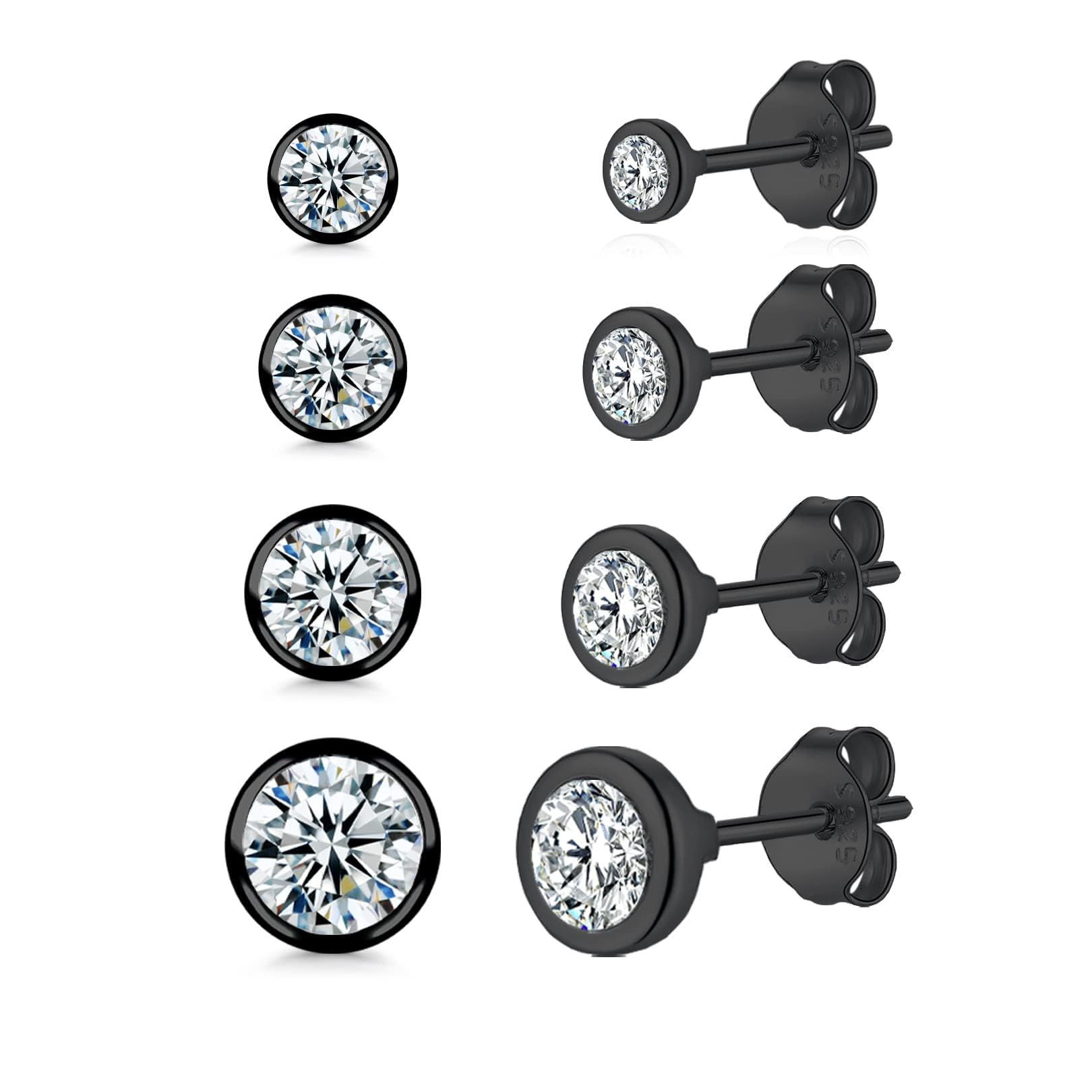 Piccoli orecchini per uomo e donna, 4 paia di piccoli orecchini rotondi in argento sterling (2/3/4/5 mm), Zirconia cubica, Zirconia cubica