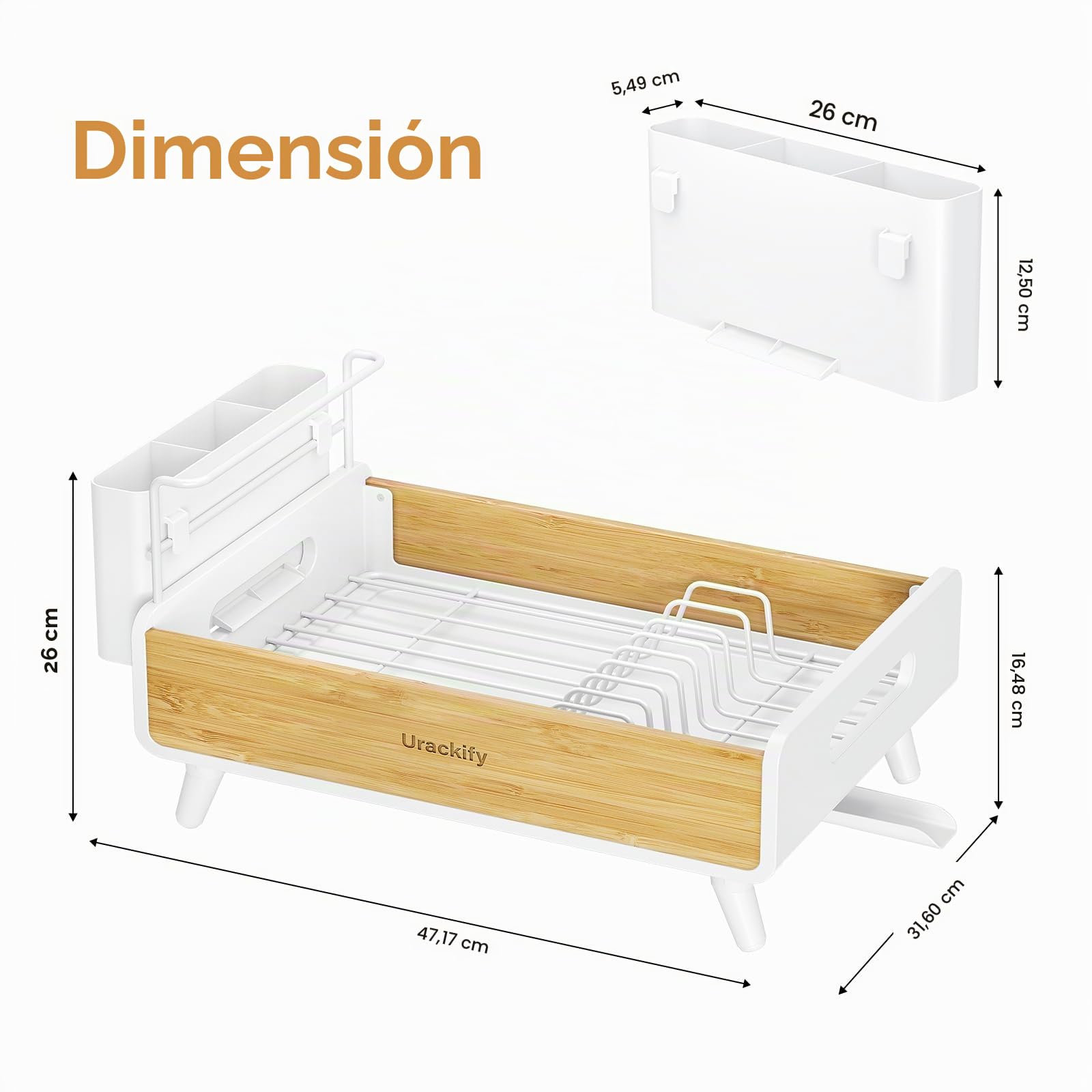 Urackify Escurridor de Platos, Bambú | Acero Inoxidable y Bambú, Soporte Utensilios Extraíble, para Encimera de Cocina