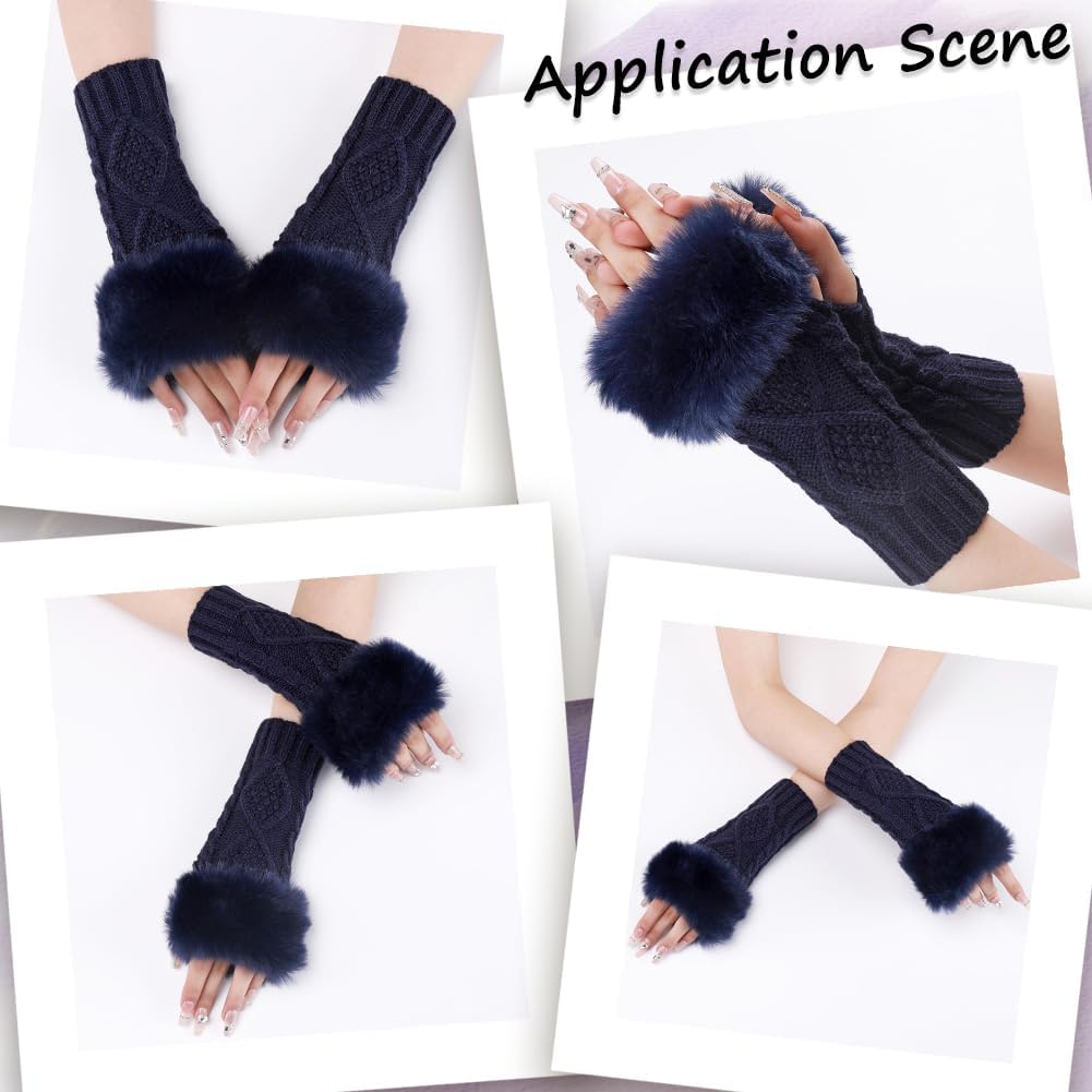 2 Pairs Prussian Blue Furry Fingerless Gloves Arm Warmers Winter Knitting Soft Thumb Hole with Faux Fur Hand Wrist Warmer Knit Crochet Gloves Mittens for Women Unisex Typing Driving