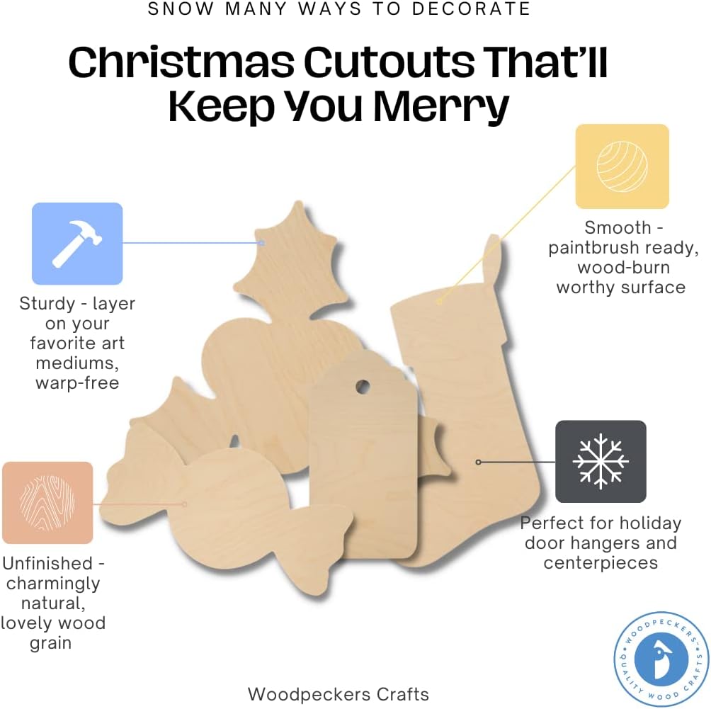 Santa Sleigh Cutout 20-inch x 17-3/4-inch, Pack of 3 Unfinished Shapes, Wood Craft Christmas Decor for Painting, by Woodpeckers