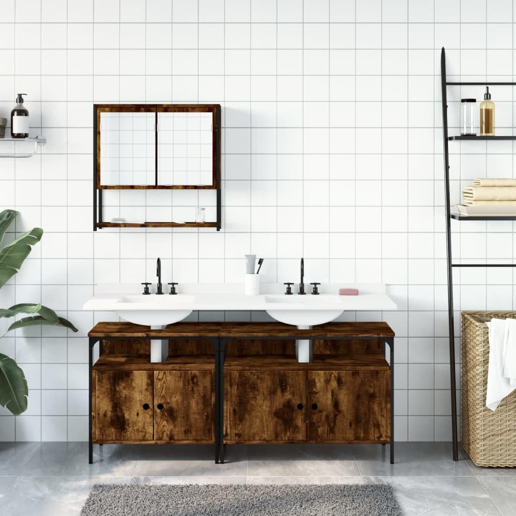 Smoked Oak Wall-Mount Bathroom Vanity Cabinet Set, Modern Storage Organizer for Sink, Durable Wood Furniture Combo