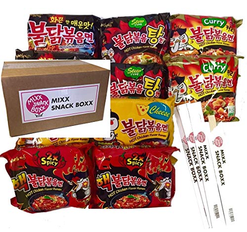 Samyang Hit Spicy Chicken Hot Ramen noodle Buldak Variety 10 pack (2 each:Hek Nuclear,Original,Cheese,Curry,Stew Type) + (4) Mixx Snack Boxx Chopstick