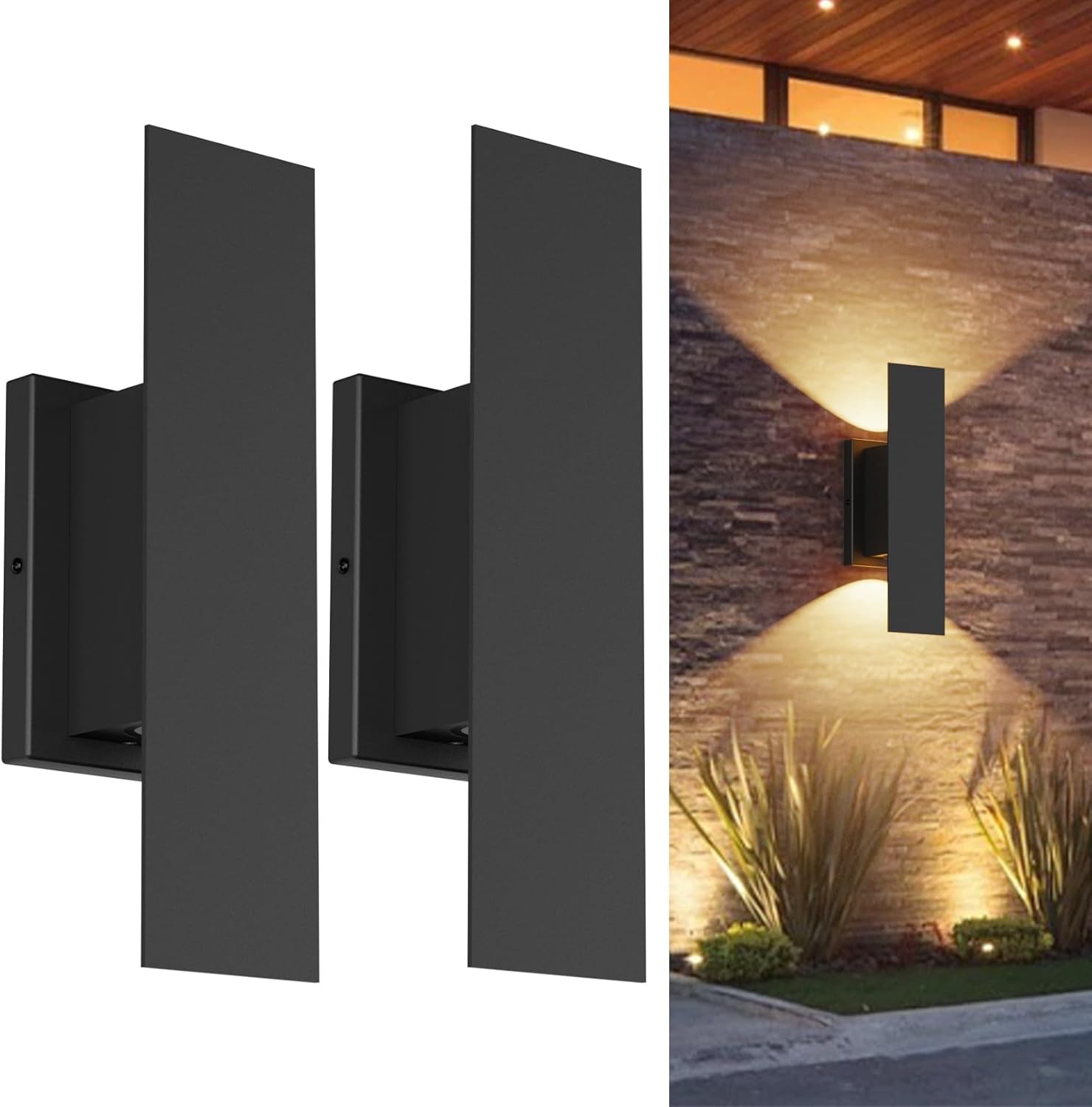 Aipsun 2 Packs LED Up Down Wall Light,Black Outdoor Wall Sconces Modern Porch Light, IP65 Waterproof Wall Lamp for Yard,Entrance,Hallway, Garage,120-277V, CRI90+ 3000K
