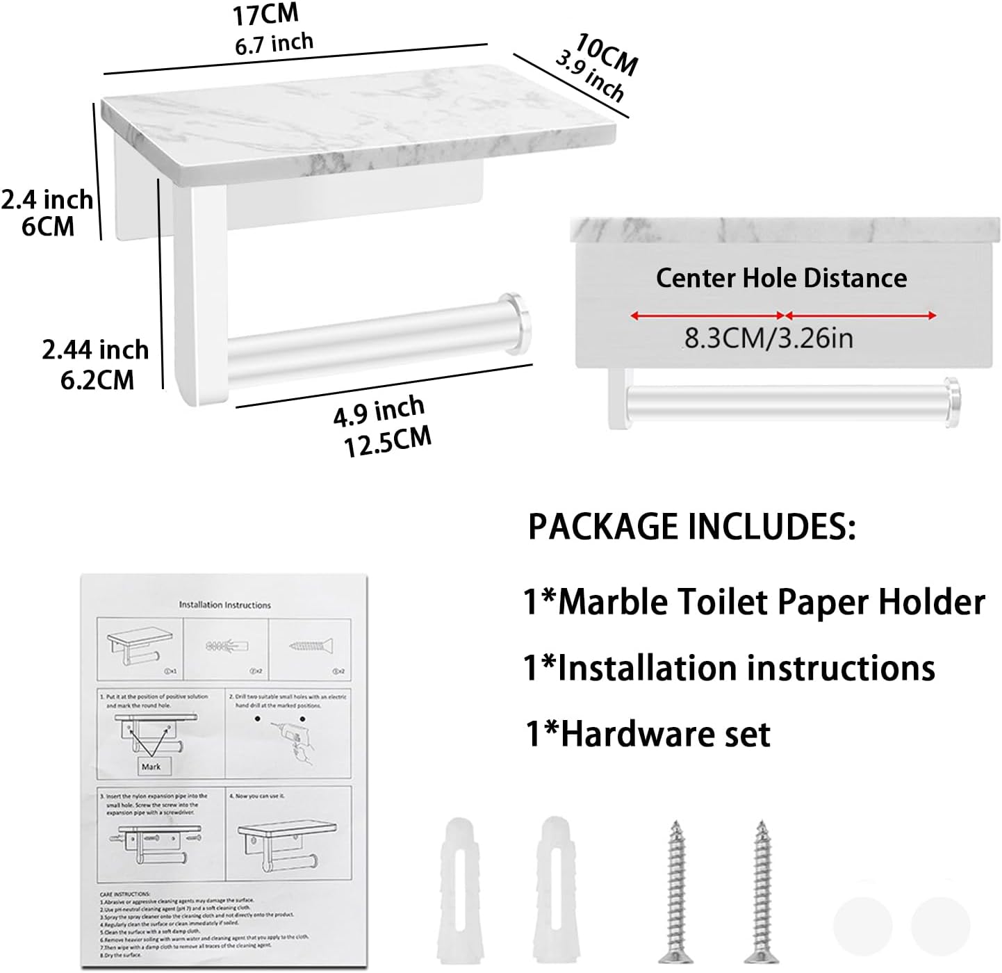 Toilet Paper Holder with White Marble Shelf, Without Drilling Stainless Steel Toilet Roll Holder for Wall, Modern Toilet Paper Holder for Bathroom Kitchen (White)