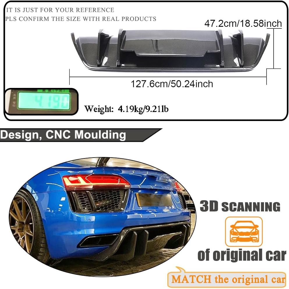 Dry Carbon Fiber Rear Bumper Diffuser Fits for Audi R8 2 Door 2016 2017 2018 Factory Outlet Under Tray Body Kit Car Lower Rear Bumper Lip Splitter Diffuser Cover