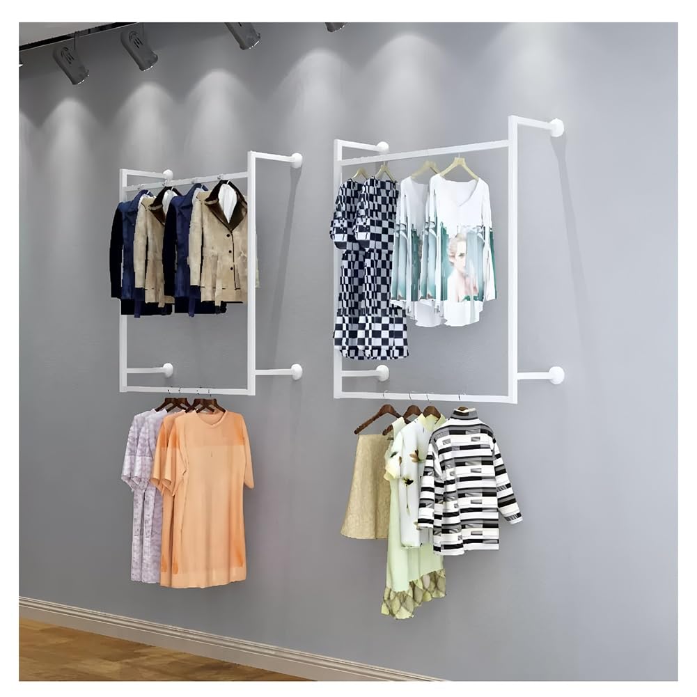 1PCS Clothing Store Wall-Mounted Garment Rack, Industrial Metal Detachable Clothes Rail, Multi-purpose Hanging Rod for Closet Storage, Double Pole Hanging Storage Clothes Pipe Shelf(White,120x150 cm)