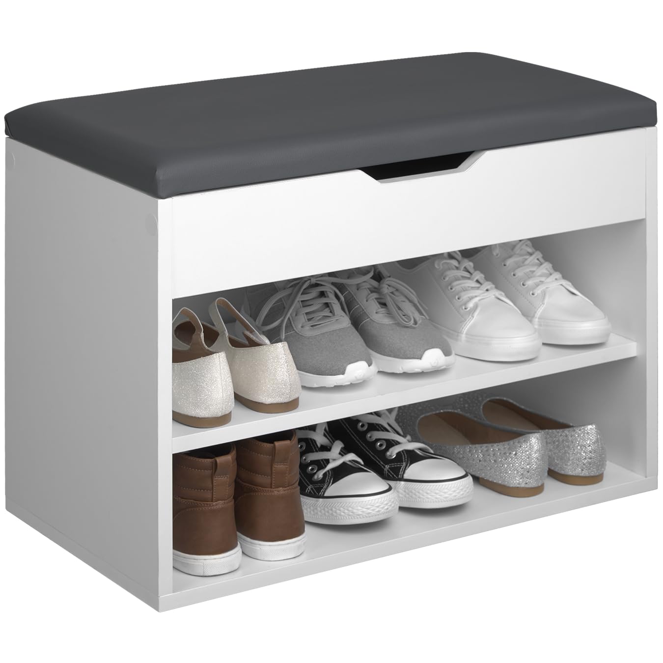 tectake® Shoe Bench with 2 Open Shelves & Hidden Compartment, Shoe Storage Unit with Comfortable Seat Cushion & Faux Leather Cover, Shoe Storage Bench for Hallway, Living Room & Bedroom - Grey/White