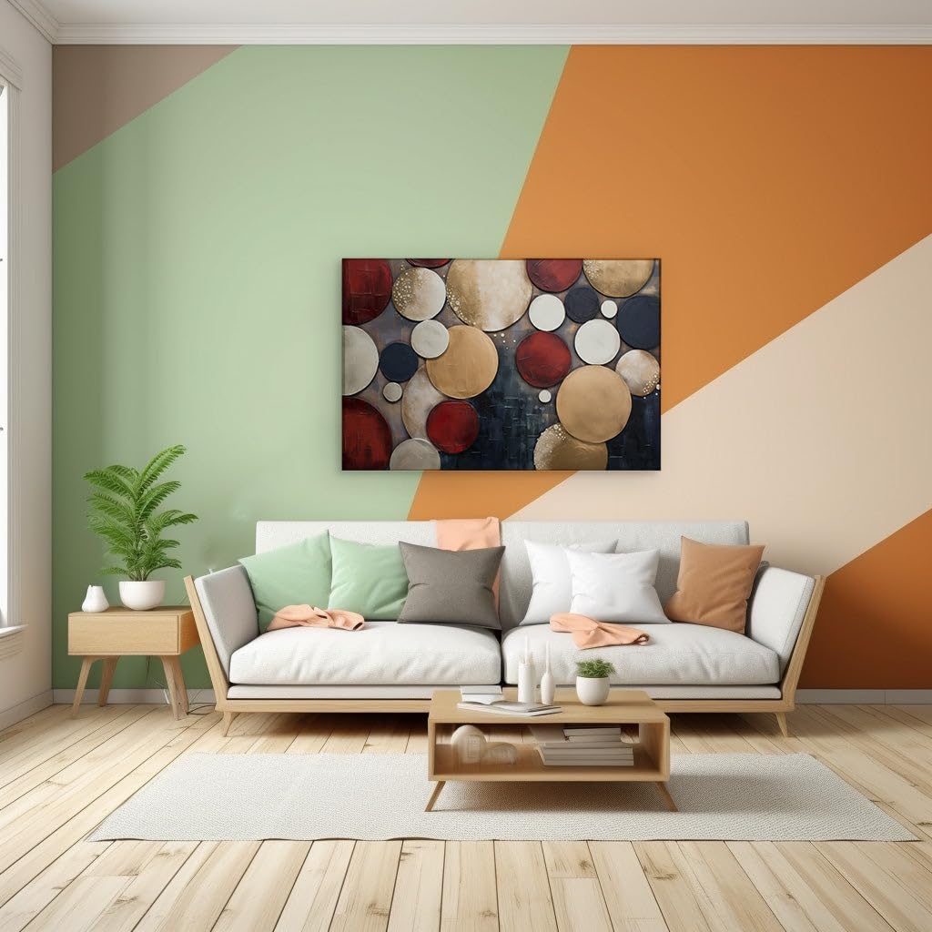 Canvas for Living room. Entwined Spheres: Exploring the Mesmerizing Network of Red, Gold, and Black Circles in Abstract Art, 27 x 18 inch Canvas Wall Art - Ready to Hang - 69x46 cm (27x18 inch)