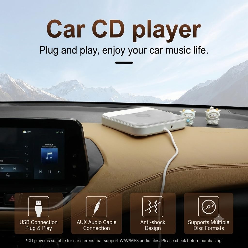 Portable Car CD Player with USB/AUX Port, External CD Player Compatible with Car Radio Stereo, Laptop, TV, Computer, Universal for Vehicle with Adapter, White (White)