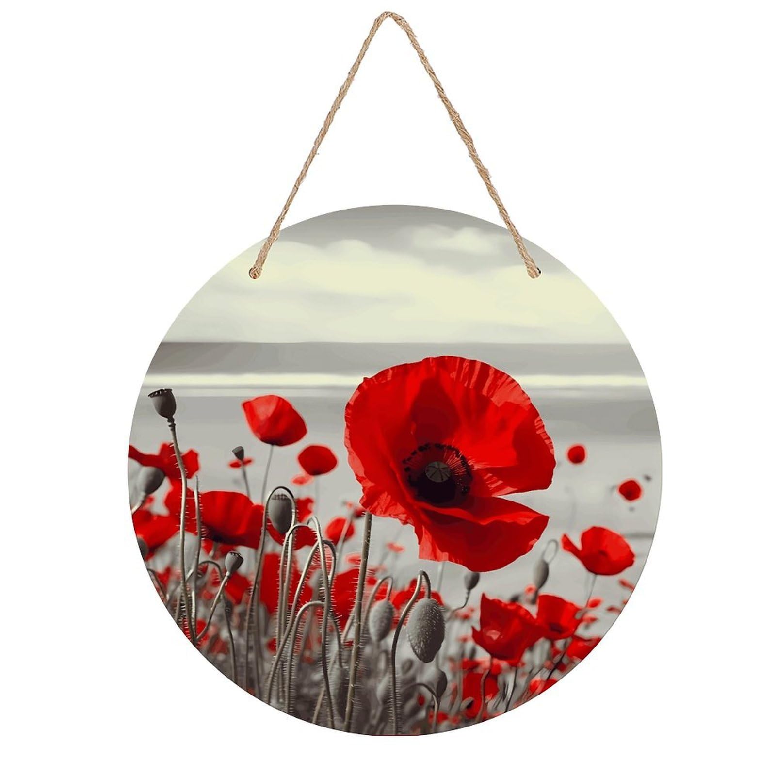 LZQPOEAS Red Poppy Flower Round Wood Wall Art Painting, 7.9 Inch Circular Wooden Door Hanger Decorative Paintings, Rope-Hanging Wooden Wall Plaque for Home Decor And Office Party