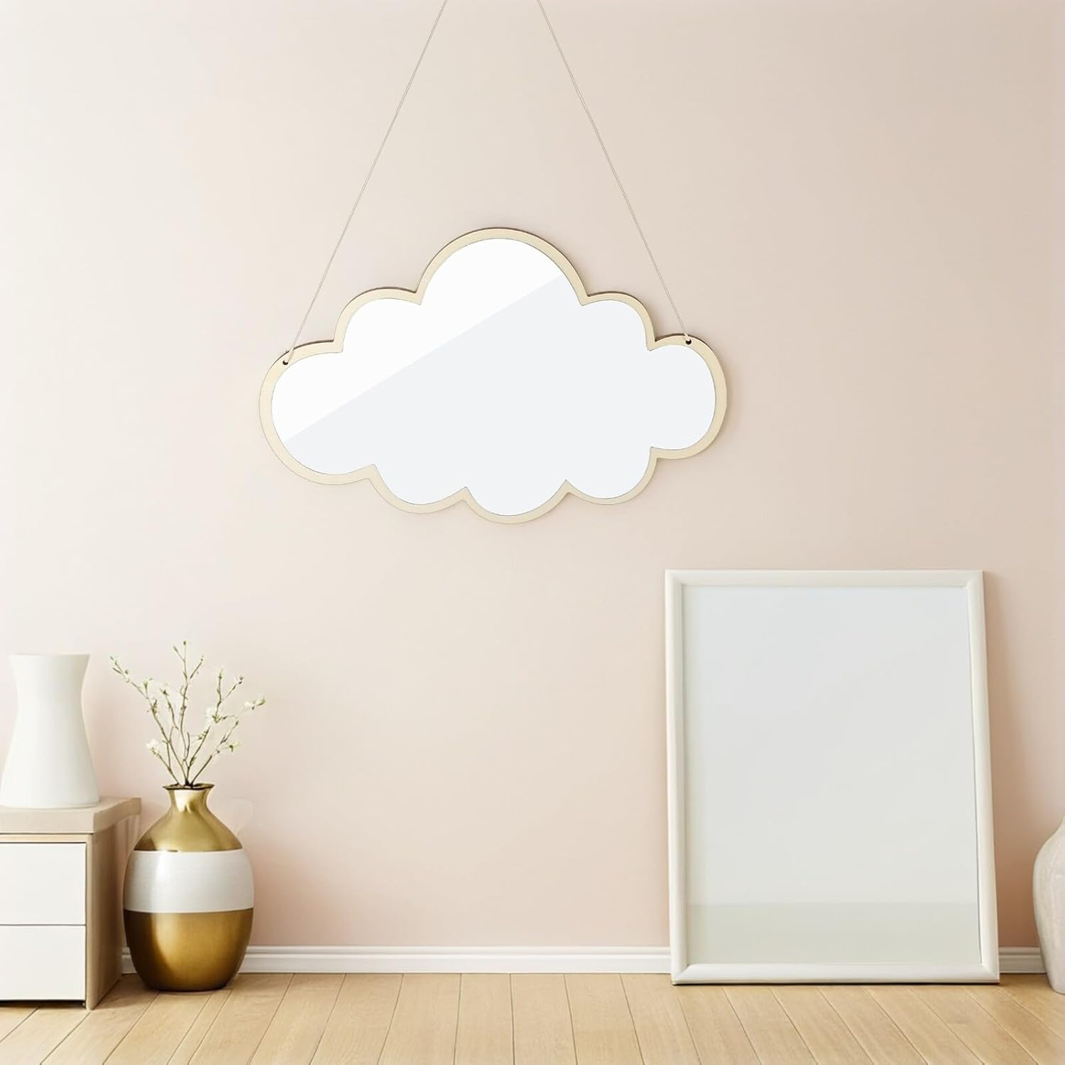 Cloud-Shaped Acrylic Mirror with Wooden Frame 2pcs Hanging Wall Mounted Vanity Mirrors for Nursery Bathroom and Bedroom Décor