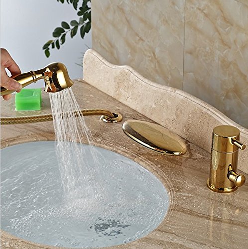 Robinet baignoire cascade widespread Gowe mitigeur douchette extractible doré - 5