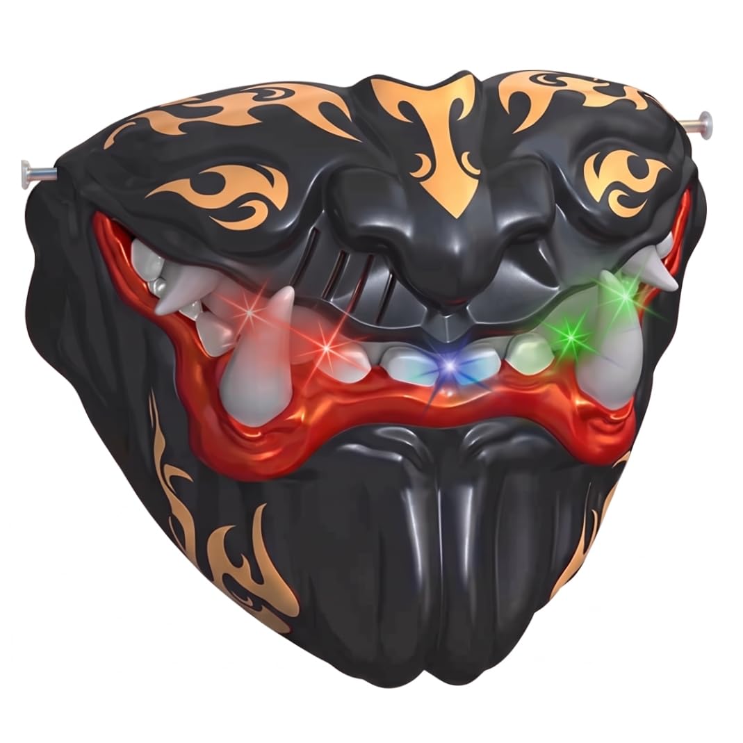 CGTQROVR Voice Changer Mask Samurai Half Mask With Movable Mouth & Led Voice Effects – Halloween Devil For Cosplay Black