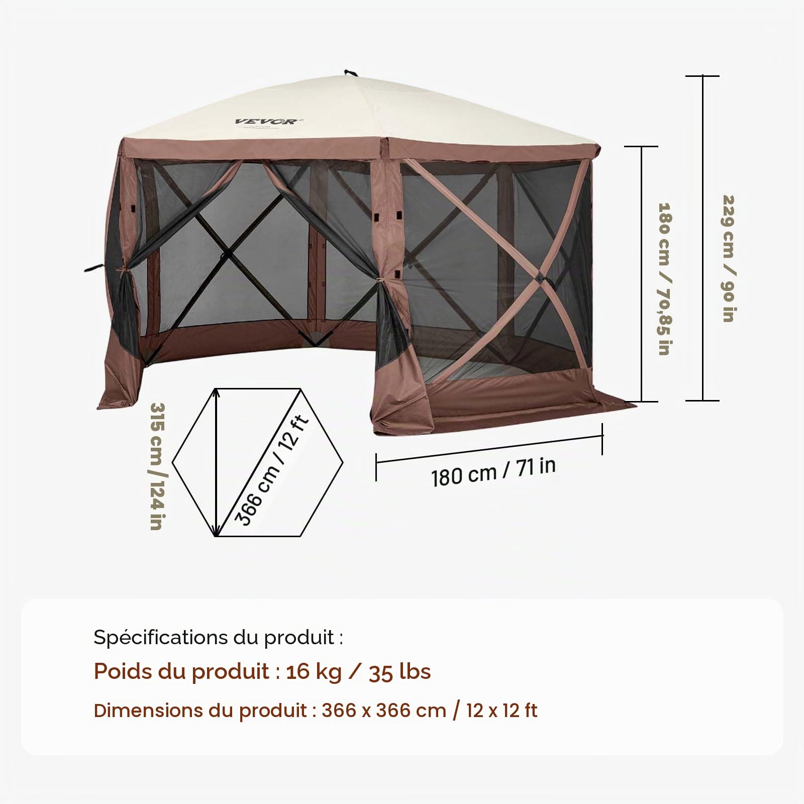 VEVOR Tente d'abri de Camping Pop-up, Pare-Soleil à 6 côtés avec fenêtres en Maille, Sac de Transport Portable, piquets de Sol, Grandes tentes d'ombrage pour Camping en Plein air, pelouse et Jardin