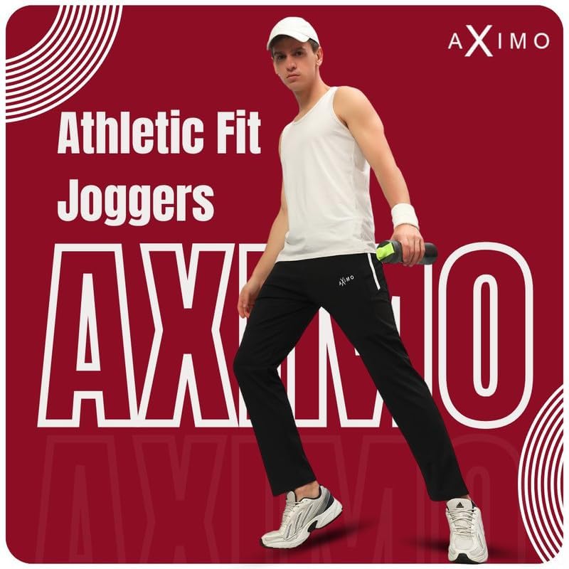 Image of AXIMO Sports Track Pants for Men Athletic Fit Joggers with Side Stripes Stretchable Breathable Fabric Elastic Waistband Drawstring Gym Running Casual Wear Mens Track Pant