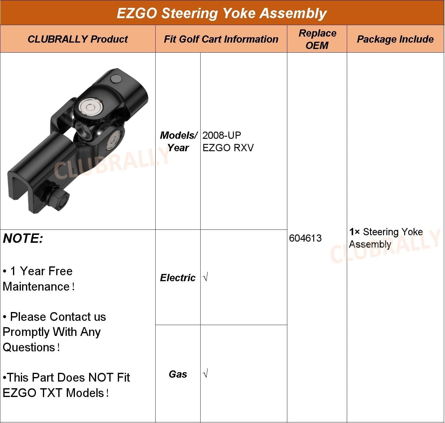 EZGO Steering Yoke Fits for 2008-UP EZGO RXV Gas & Electric Golf Cart, OEM#604613