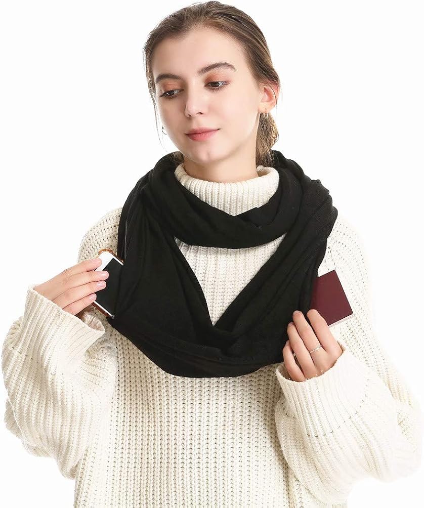 Infinity Scarf With 2 Zipper Pocket Hidden Secret Travel Zip Convertible Scarves Womens Winter Warm Soft Workout Scarfs Gift