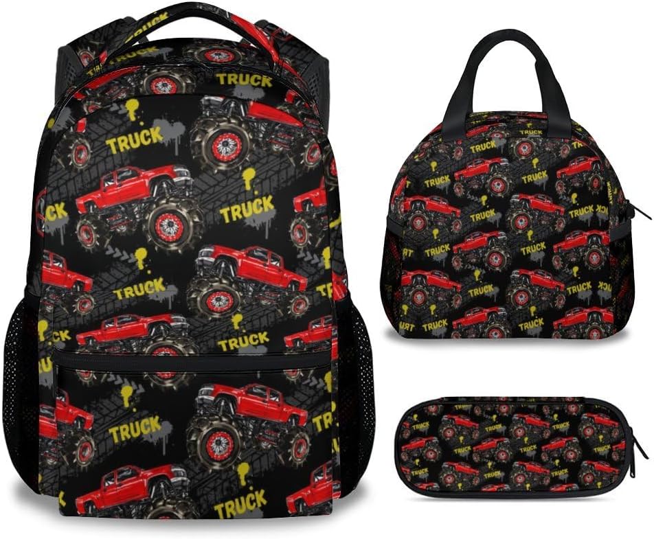 Custom Truck Backpack with Lunch Box and Pencil Case Set, 3 in 1 Matching Boys Colorful Backpacks Combo, Bookbag and Pencil Case Bundle