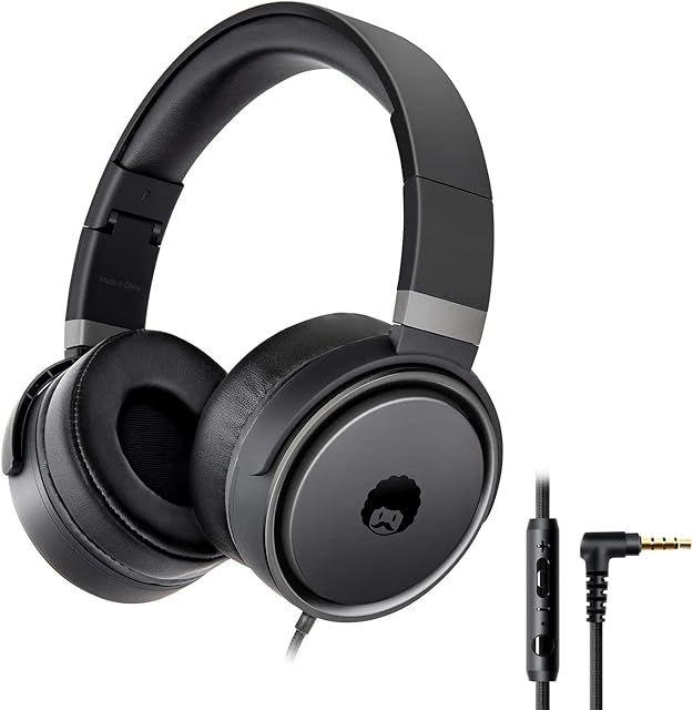 Rockpapa Circle ONE Wired Headphones with Microphone and Volume Control Foldable Lightweight Headset for Cellphones Tablets Smartphones Laptop Computer PC Mp3/4 CD DVD Black/Grey