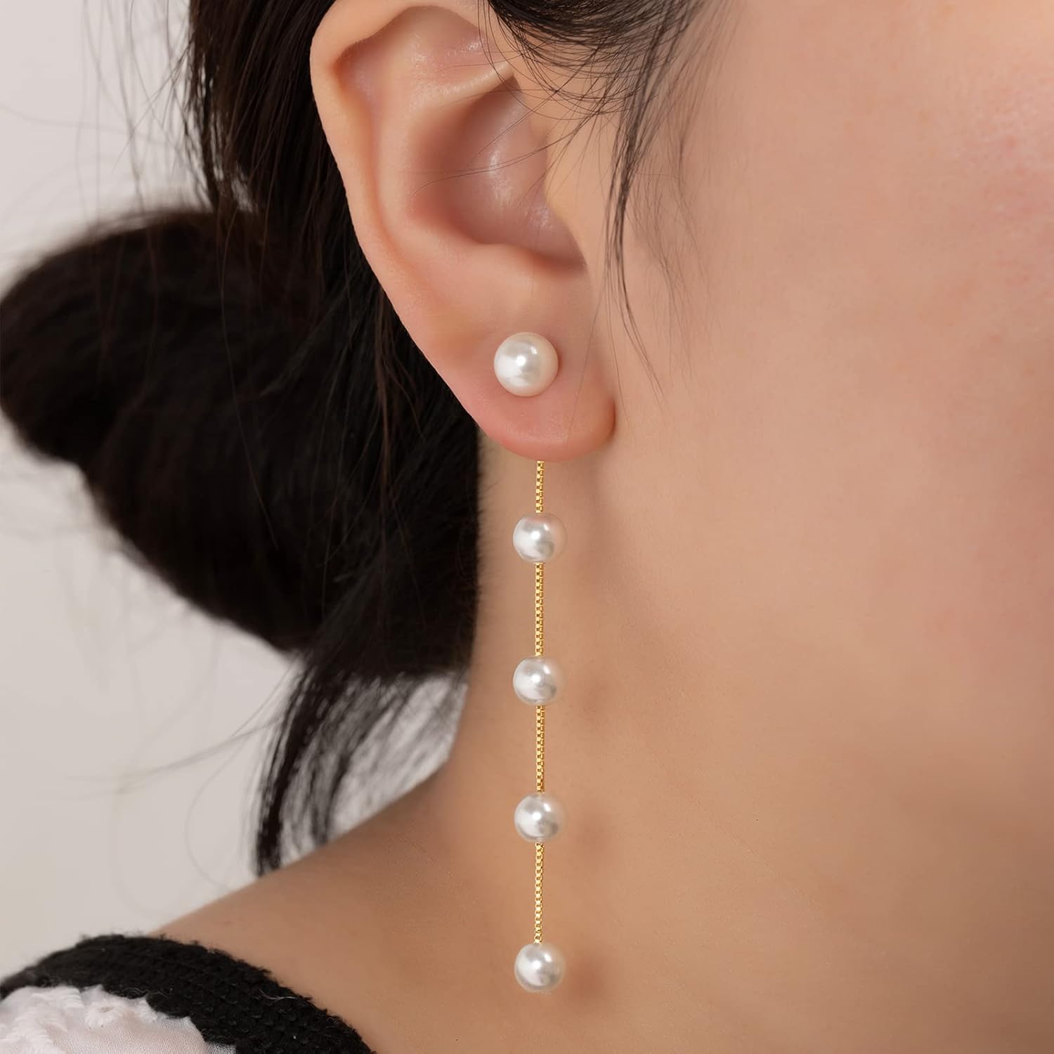 DAILY VIBES 14K Gold Freshwater Pearl Drop Earrings Dangle Dainty Long White Cultured Baroque Pearl Earrings for Women Statement Stud Ball Chain Tassel Jewelry for Bridal Wedding - Image 5