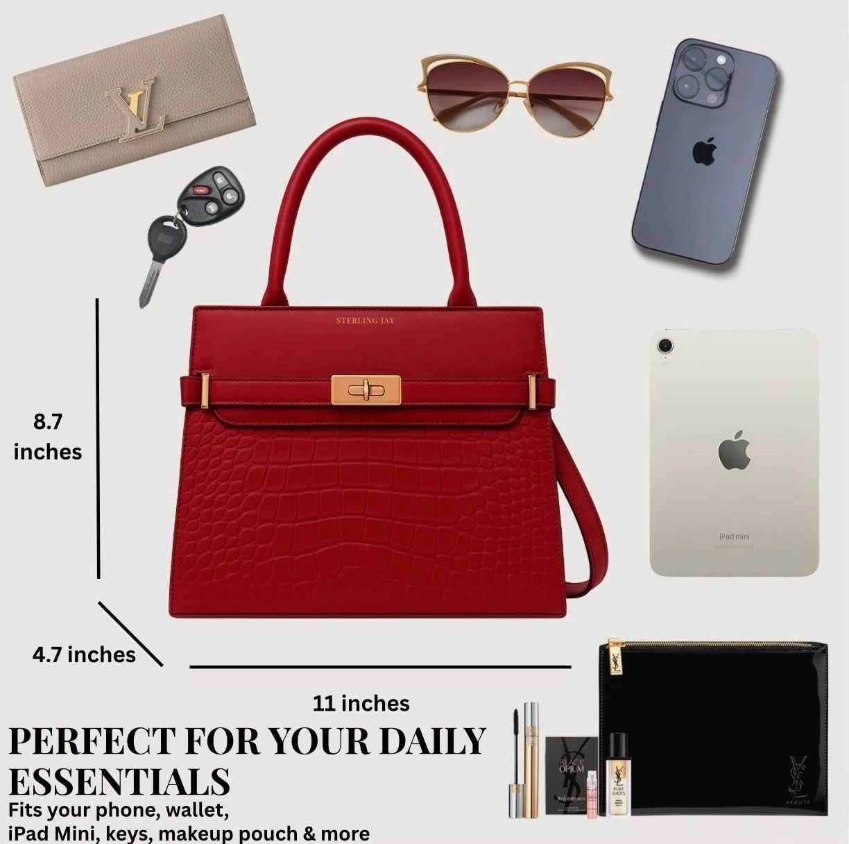 Women’s Croc-Embossed Satchel Handbag (Hermes Kelly Replica) – Top Handle Purse with Adjustable Crossbody Strap - Image 6