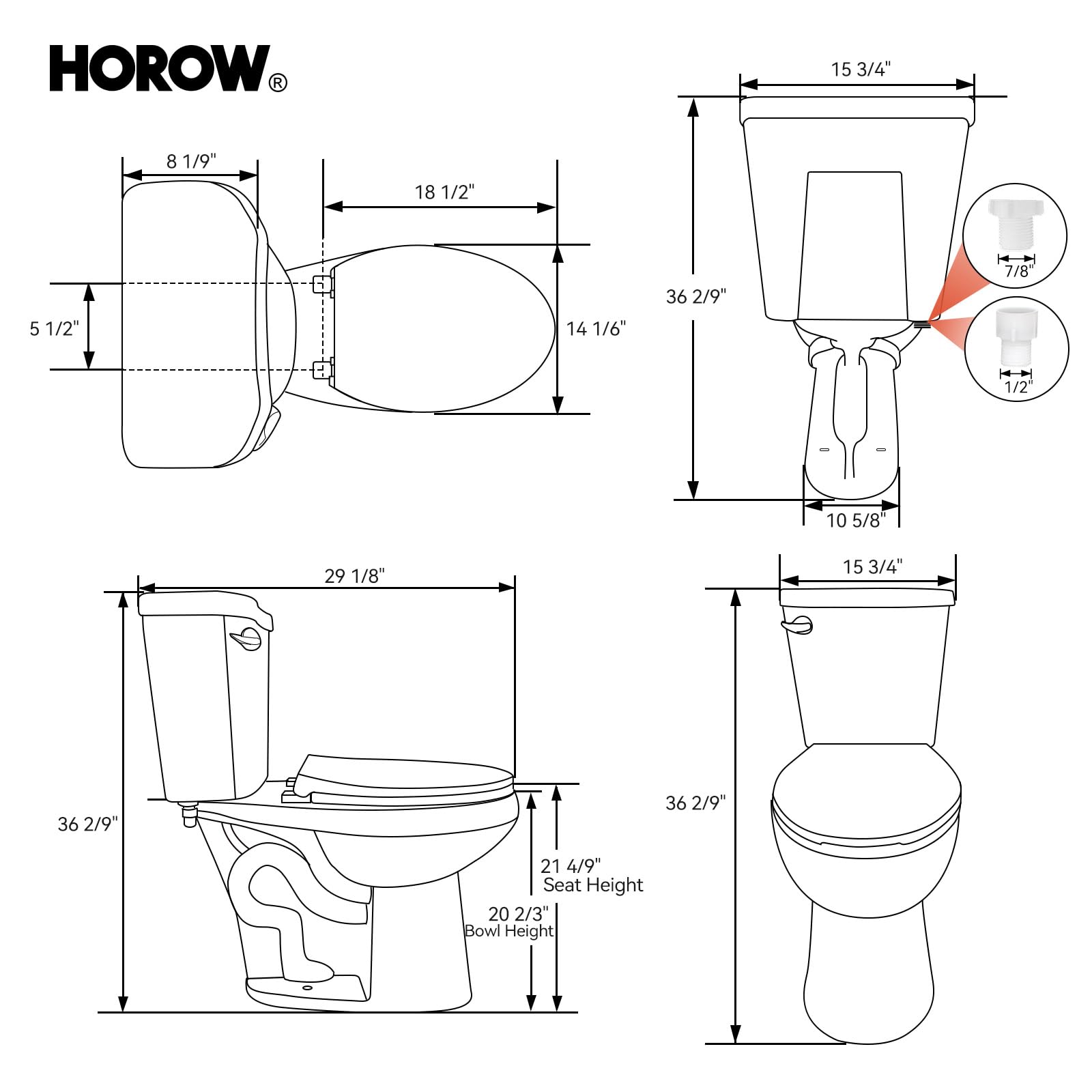 HOROW 21 Inch Tall Toilets, Extra High Toilets with Comfort Chair Height Seat, MAP 1000g, 1.28 GPF Single Flush Two-Piece Toilet, Elongated Bowl for Seniors, Pregnant, Disabled & Tall Person, White