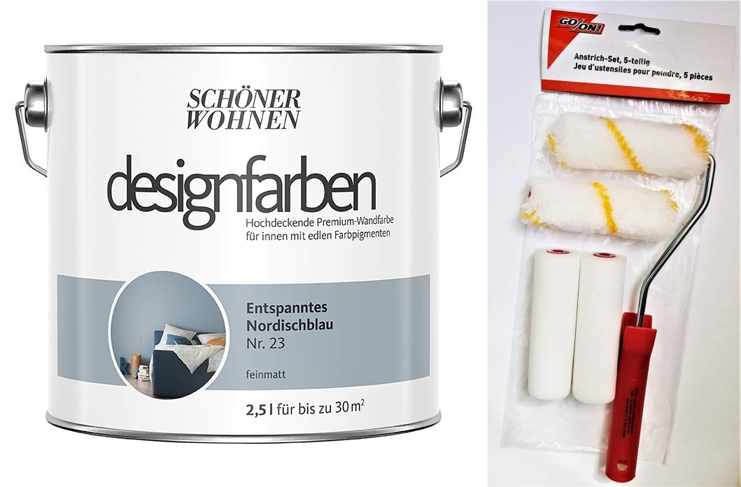 Schöner Wohnen designfarben feinmatte Wandfarbe für innen 2,5 Liter mit go/on Rollen-Set 5-tlg (Nr 23 Entspanntes Nordischblau)