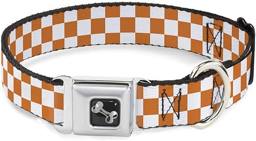 Buckle-Down Checker White/Tan Orange Dog Collar Bone, Small/9-15"