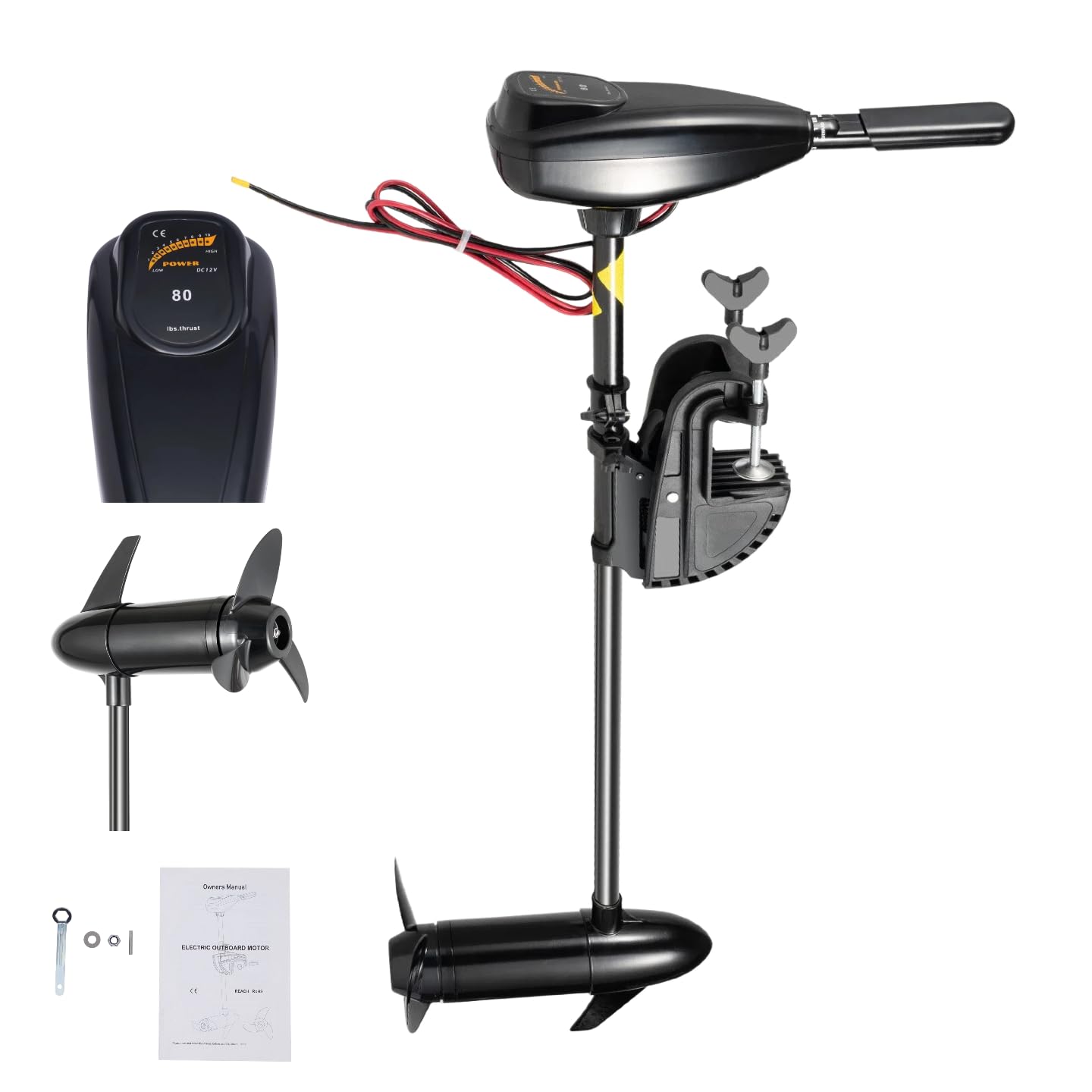Motore Elettrico Fuoribordo 80LBS 12V 800W 1.2CV, 5 Marce Avanti 3 Indietro, Albero Lungo, Forza di Trazione 1850kg