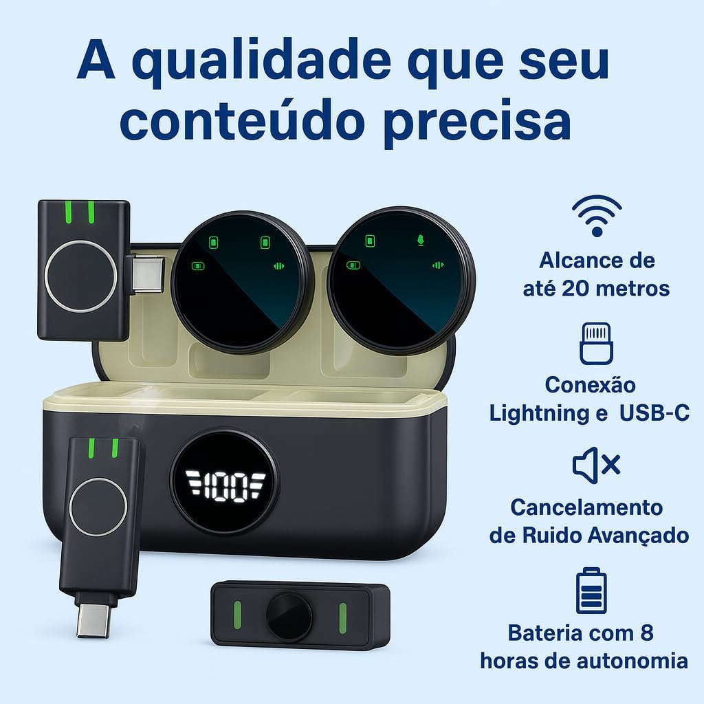 Microfone de Lapela Sem Fio Profissional com Base de Carregamento, Display LED para iPhone/Android dispositivos com Lightning/USB-C Para Vídeo Entrevista Vlog Bate Papo, Influencer Gravações em Geral
