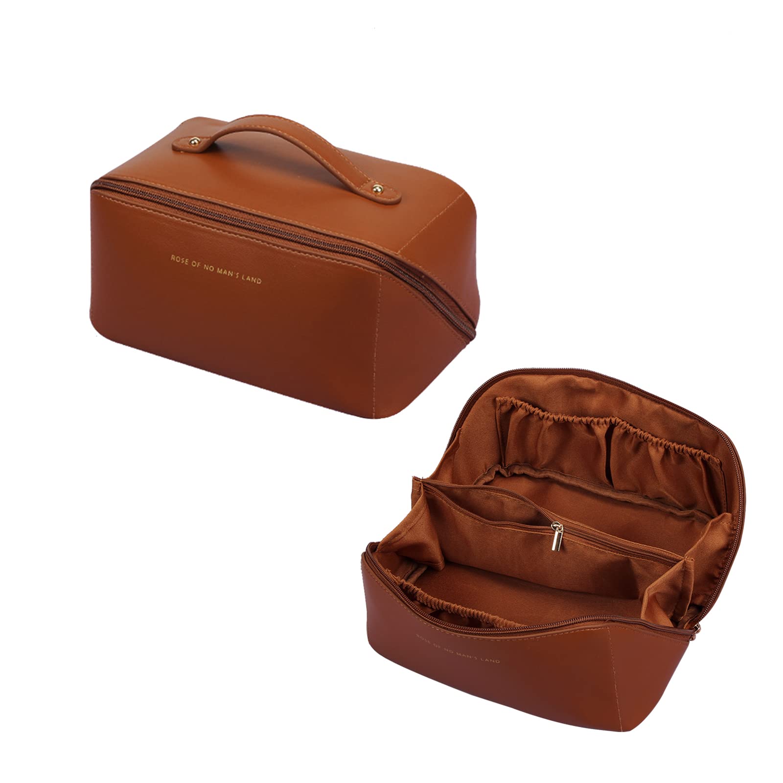 ZeroallPU Cosmetic Bag Travel Bag, Large Capacity Makeup Bag & Toiletry Bag with Handle, Ladies Waterproof Toiletry Bag for Women Girl Travel, Gifts, and Daily Use(Brown)