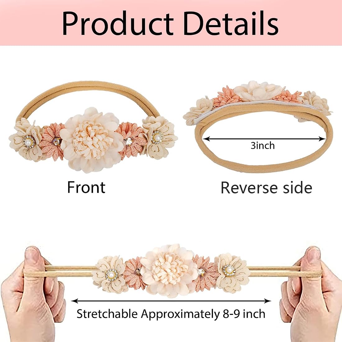 WJRQD 3 Pièces Serre-Tête Bébé Fille - Bandeaux Nylon Fleur Élastique Doux Pour Nouveau-Né Et Tout-Petit