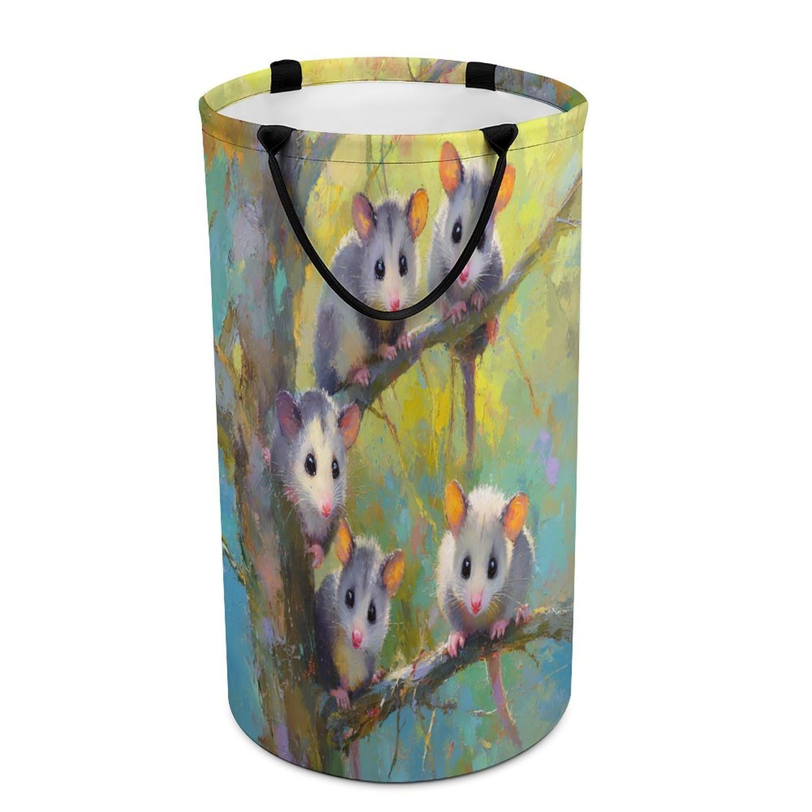 LUYYSKY Colorful Watercolor Cute Possums Collapsible Dirty Clothes Basket, Natural Aesthetic Plants Tree Branch Animal Possums Portable Clothes Storage Basket