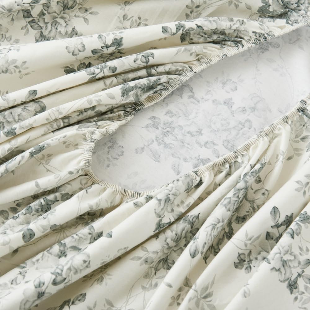 DAUAOTO 100% Cotton Bedding Printed Sheets Set for Full Size Bed Up to 14" Deep Mattress, Toile Rose Floral Pattern Bedlinen Sets, Gray