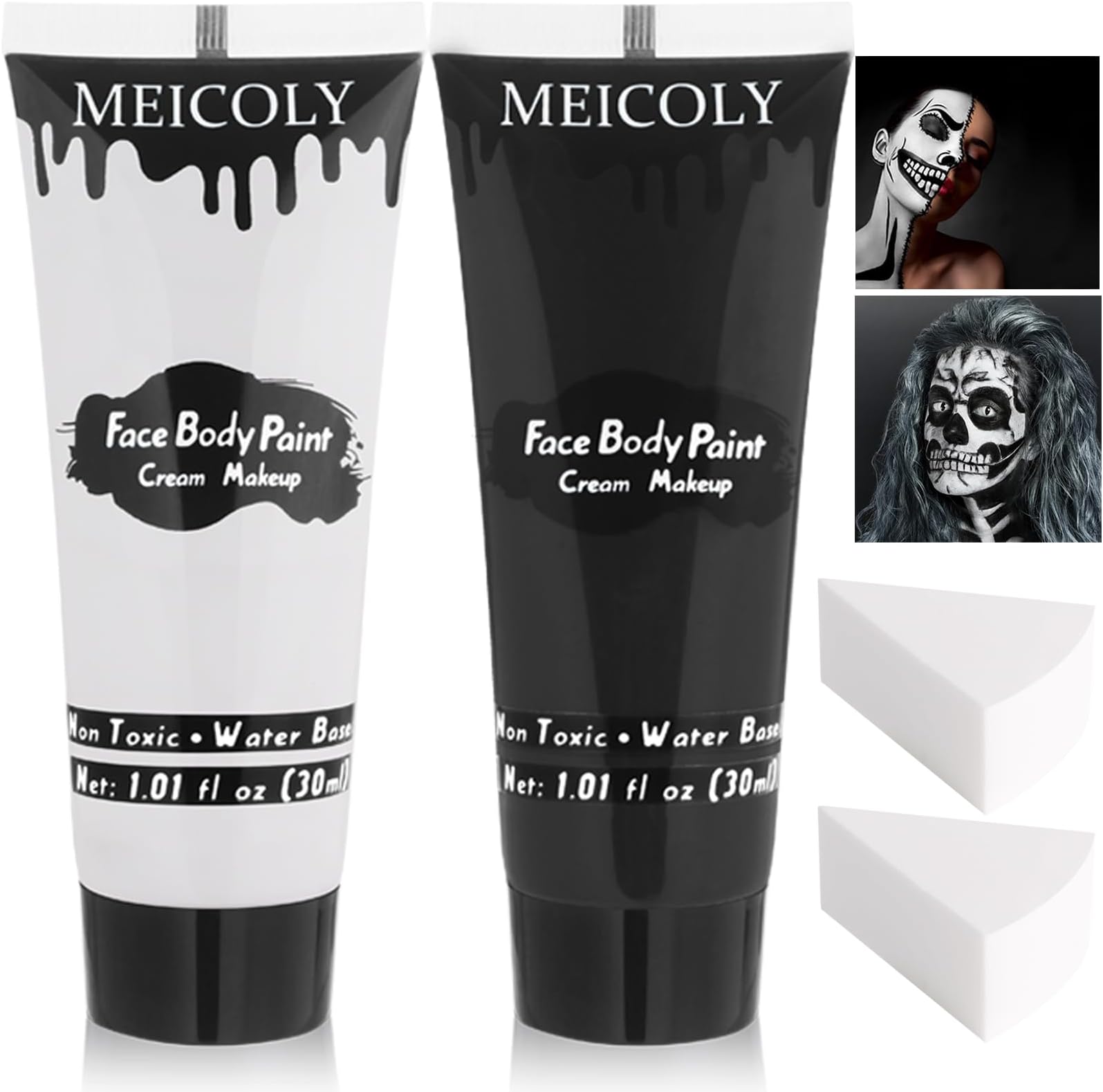 Black White Face Body Paint with Sponges,Water Based Face Paint for Adults Kid,White Face Paint,Face Painting for Clown Makeup,Halloween SFX Skull Zombie Skeleton Mime Goth Makeup Corpse Paint