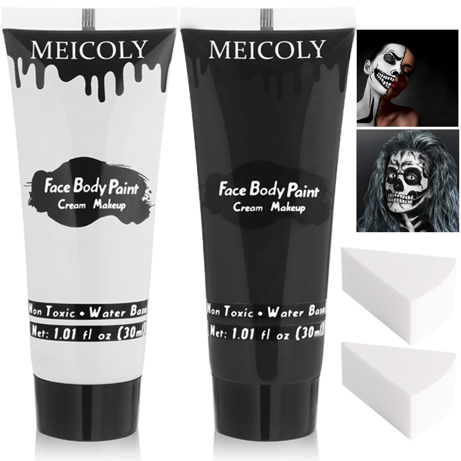 MEICOLY Black White Face Body Paint with Sponges,Water Based Face Paint for Adults Kid,White Face Paint,Face Painting for Clown Makeup,Halloween SFX Skull Zombie Skeleton Mime Goth Makeup Corpse Paint