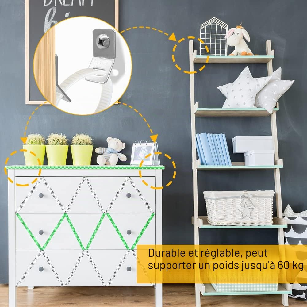 Kit de Protection Anti-basculement pour Meubles, 6 Sangles de Sécurité avec Ancrages Muraux
