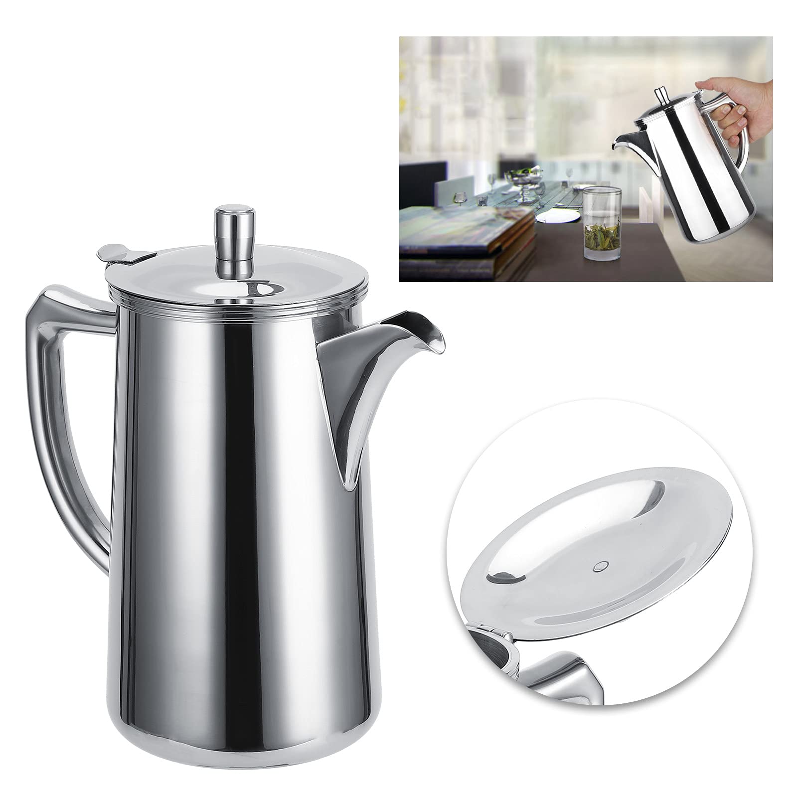 BRRNOO Jarra de Agua, Jarra de Jugo con Tapa con Asa Hervidor Frío de Acero Inoxidable de 2 Litros Tetera de Agua Multifuncional Café de Mano para el Hogar Restaurante Café Jugo de