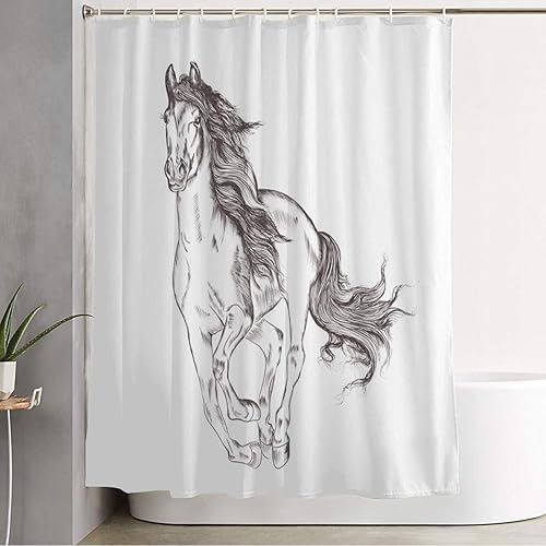 Staromil Bathroom Funny Shower Curtain with Hooks Beautiful Horse Nature Design Race Animals Wildlife Abstract Black Company Drawing Equestrian Farm