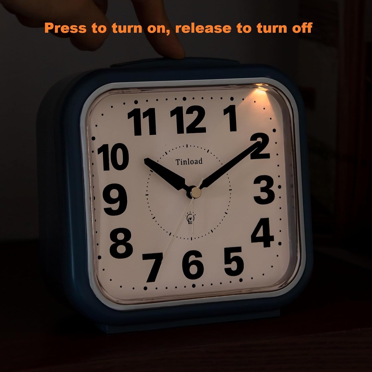 5.5 Large No Ticking Analog Alarm Clock,Silent Readable for Seniors,Easy to Set,Gradual Rise Alarm,Big Numbers,Gentle Wake,Snooze, Lighted on Demand,Battery Operated,Blue