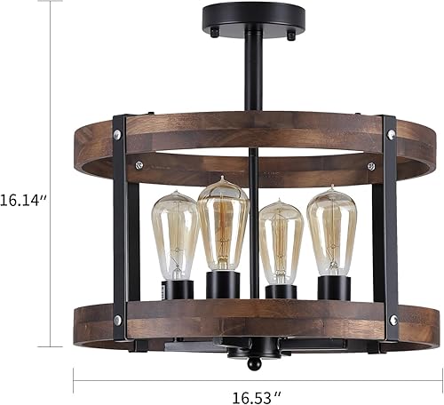 Miniatura 4 de Lámpara de techo de 4 luces rústica, grande, de 16.5 pulgadas, de madera de roble, de 16.5 pulgadas, lámpara de techo semiempotrada para dormitorio,